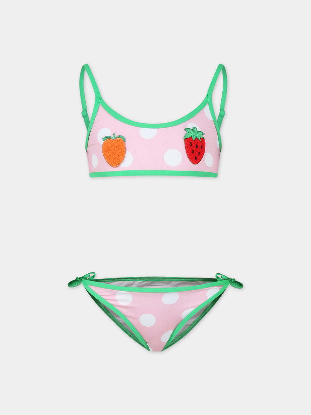 Pink bikini for girl with frutits and polka dots